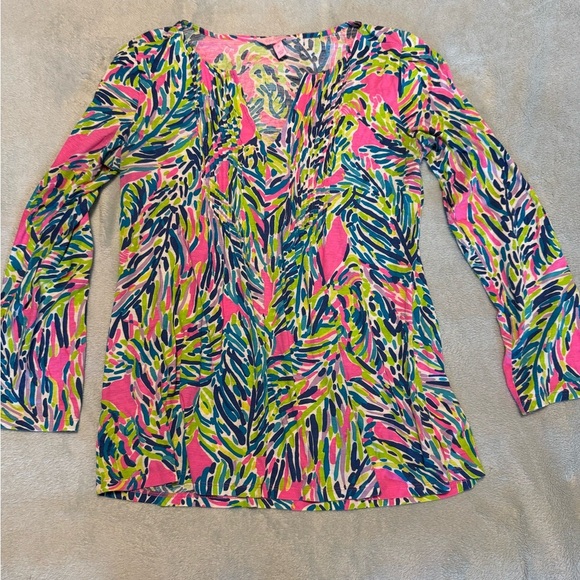 Lilly Pulitzer Top Women's Pink Blue Green Braylen Roll Tab Sleeve - Picture 5 of 11